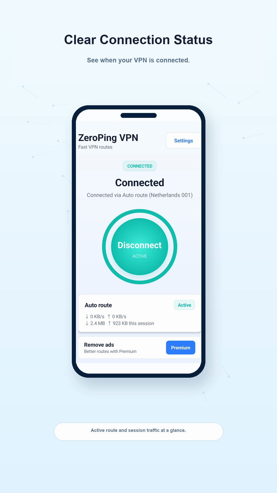 ZeroPing VPN showing a connected Auto route